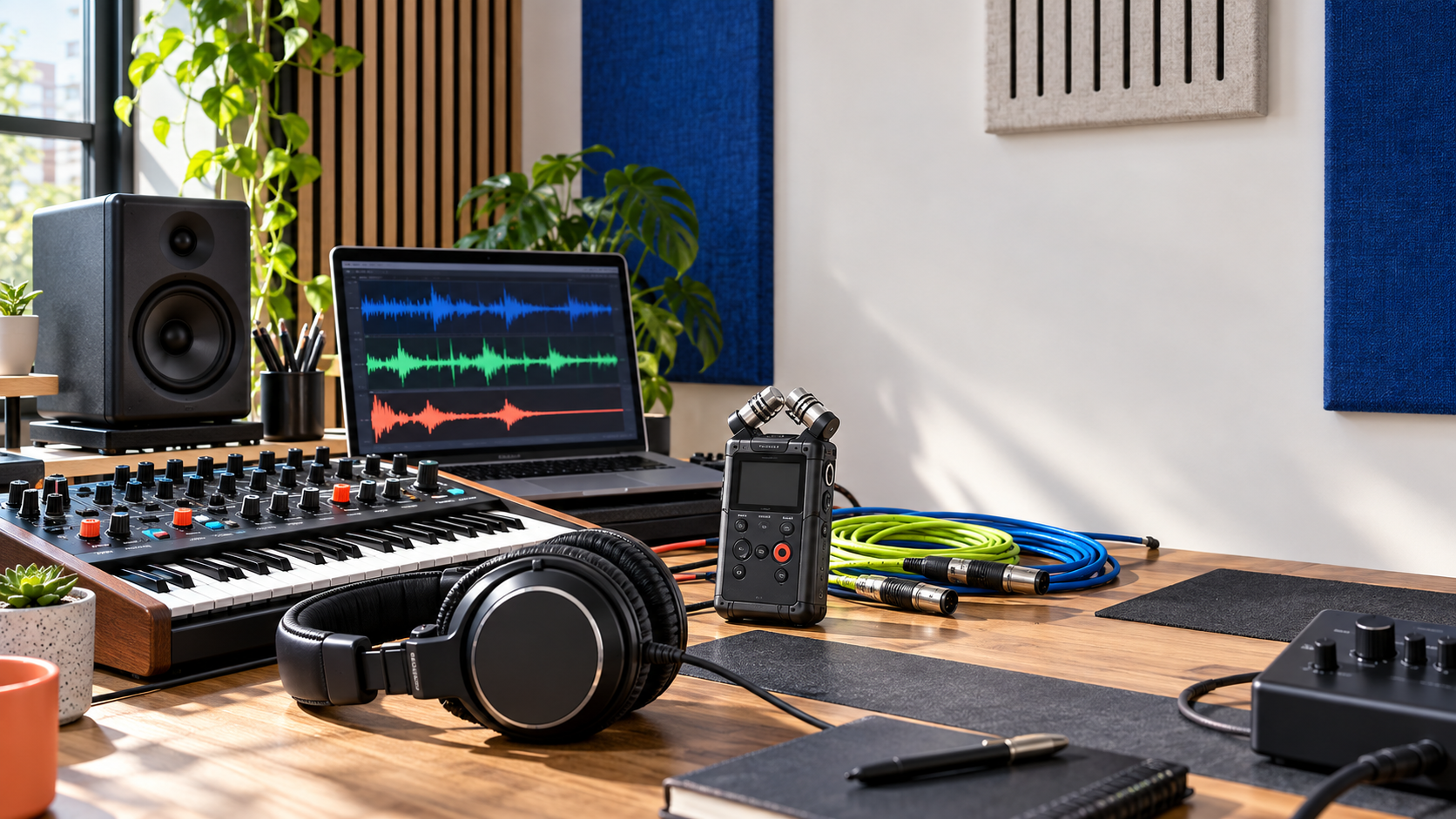 Modern sound design studio with headphones, synthesizer and field recorder